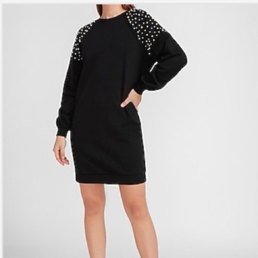 EXPRESS Solid Black With  Pearl Embellished  Shoulders Sweater Dress Size Small